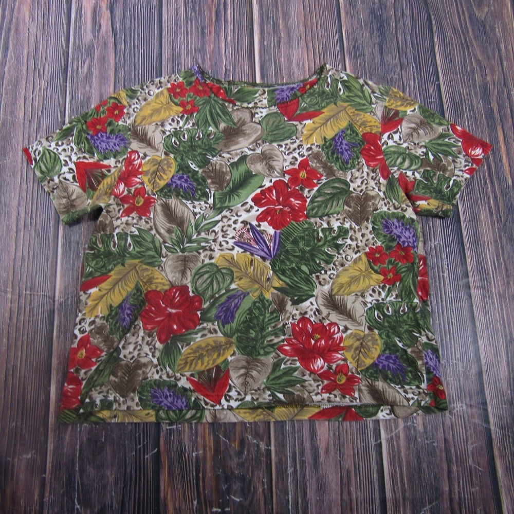 T-Shirt Womens XL Multicolor Tropical Floral Crew Neck Short Sleeve Granny Core